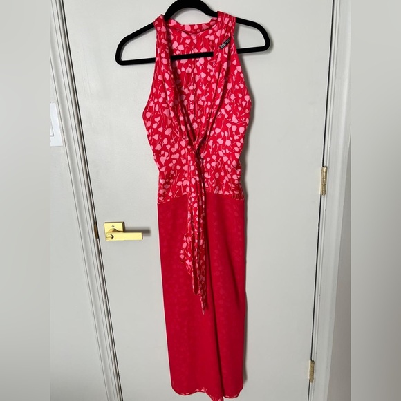 Zara Red Floral Satin Effect Halter Neck Tie Back midi dress - Picture 11 of 11